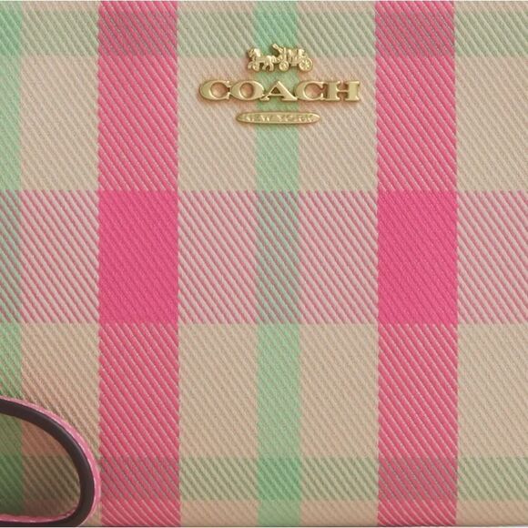 NWT Coach CBP18 Corner Zip Wristlet With Plaid IM/Pink Multi Gold Hardware - Picture 5 of 6